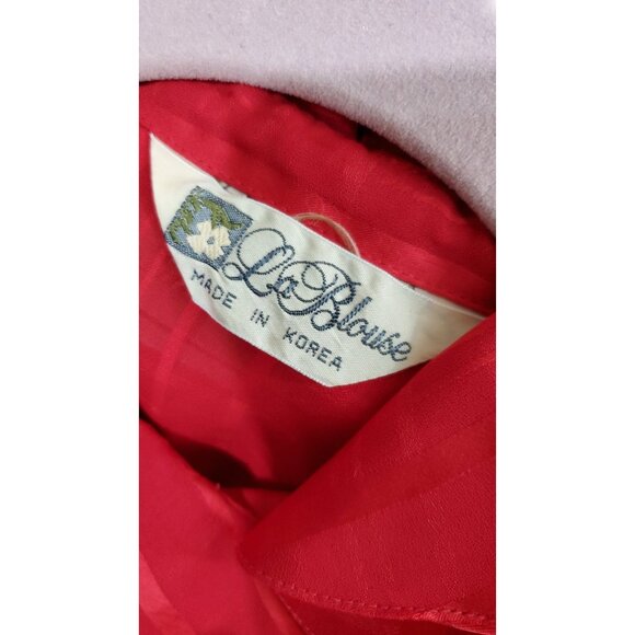 Vintage Red Blouse Button Down Ruffle Collar Holiday Photos Polyester Semi-Sheer - Picture 6 of 6